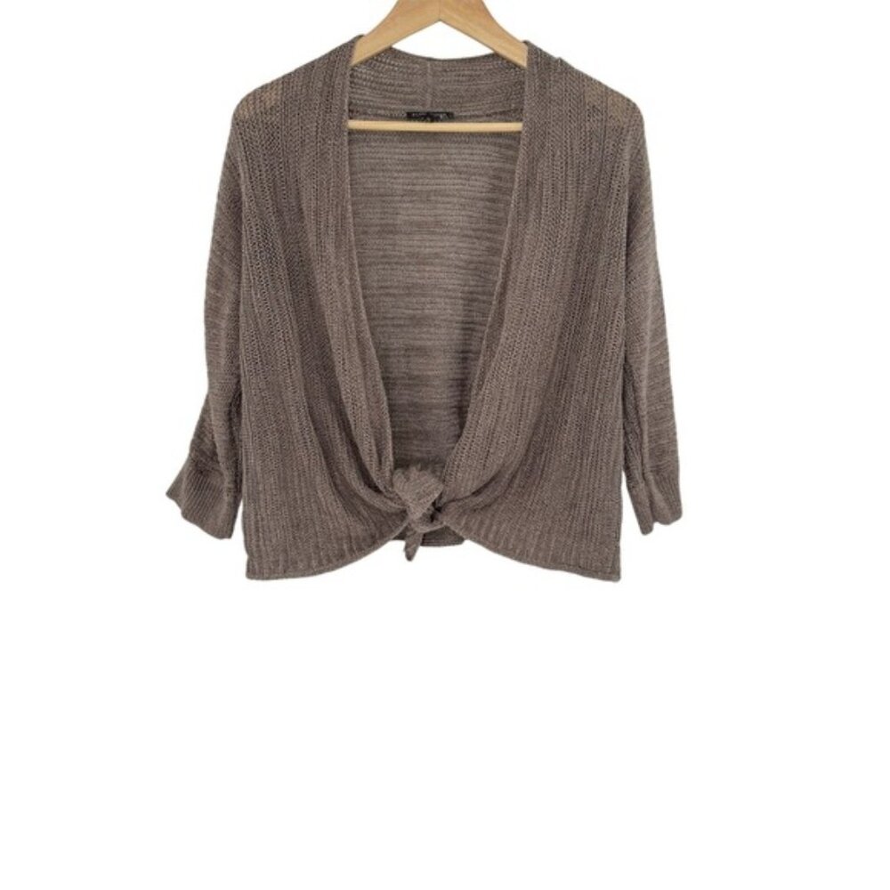 Eileen Fisher Linen Silk Knit Open Front Tie Front Cardigan‎ Sweater M Beige